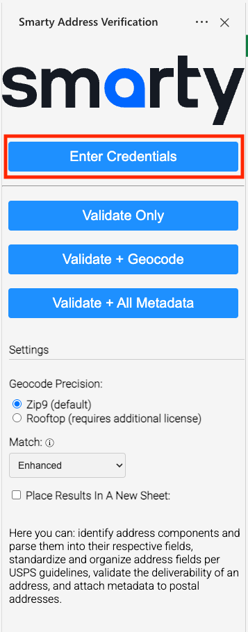 Excel plugin enter credentials step