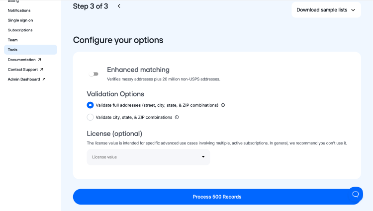 Bulk Address Validation setup page with matching and validation options.
