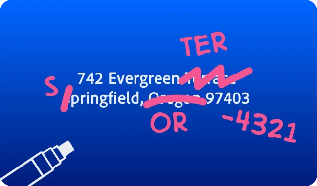 an address with blue background and red annotations