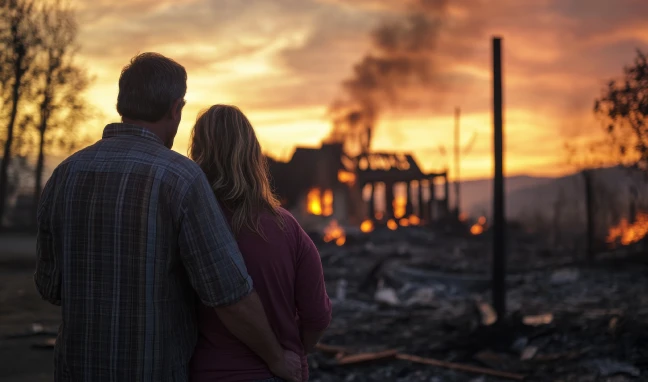 man and woman looking at the aftermath of a natural disaster